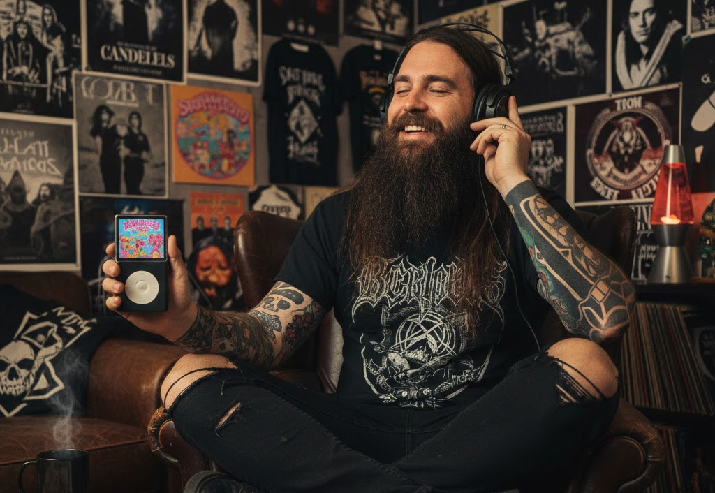 Doom Metal fan listening to Pop Music